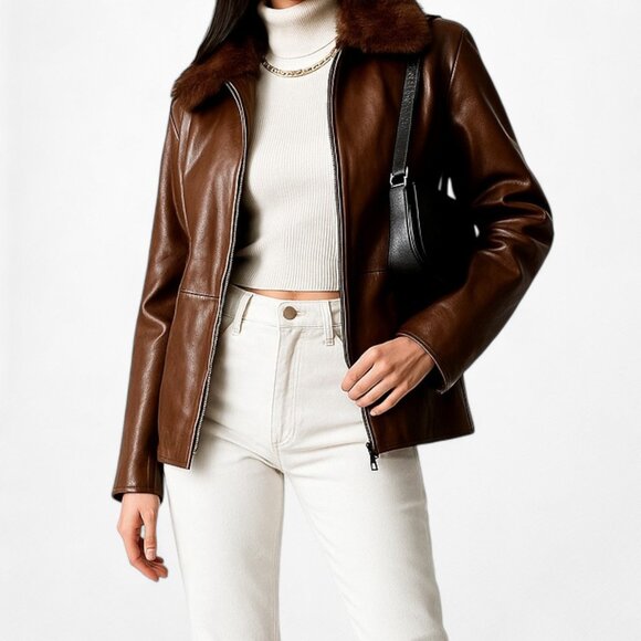 Vintage Y2K Anne Klein Brown Rabbit Fur Genuine Leather Moto Jacket Coat Size L - Picture 2 of 8